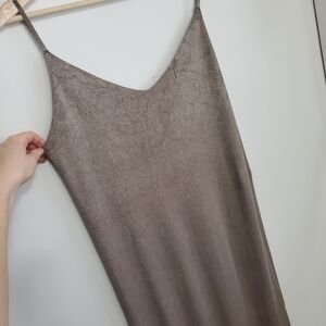 Zara Medium Knit Maxi Dress Ribbed Metallic Tan Bronze Thin Strap Low Back Sexy